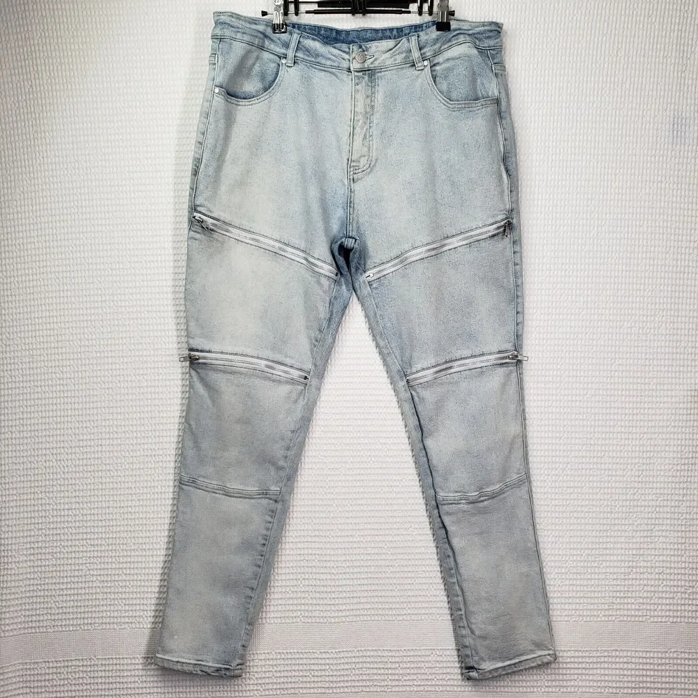 Culture Kings Jeans Mens 40 Blue Slim Fit Grunge Zipper Distressed Biker Stretch